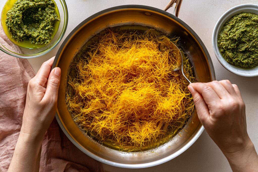 Toasting kataifi pastry in butter until golden for Dubai chocolate filling