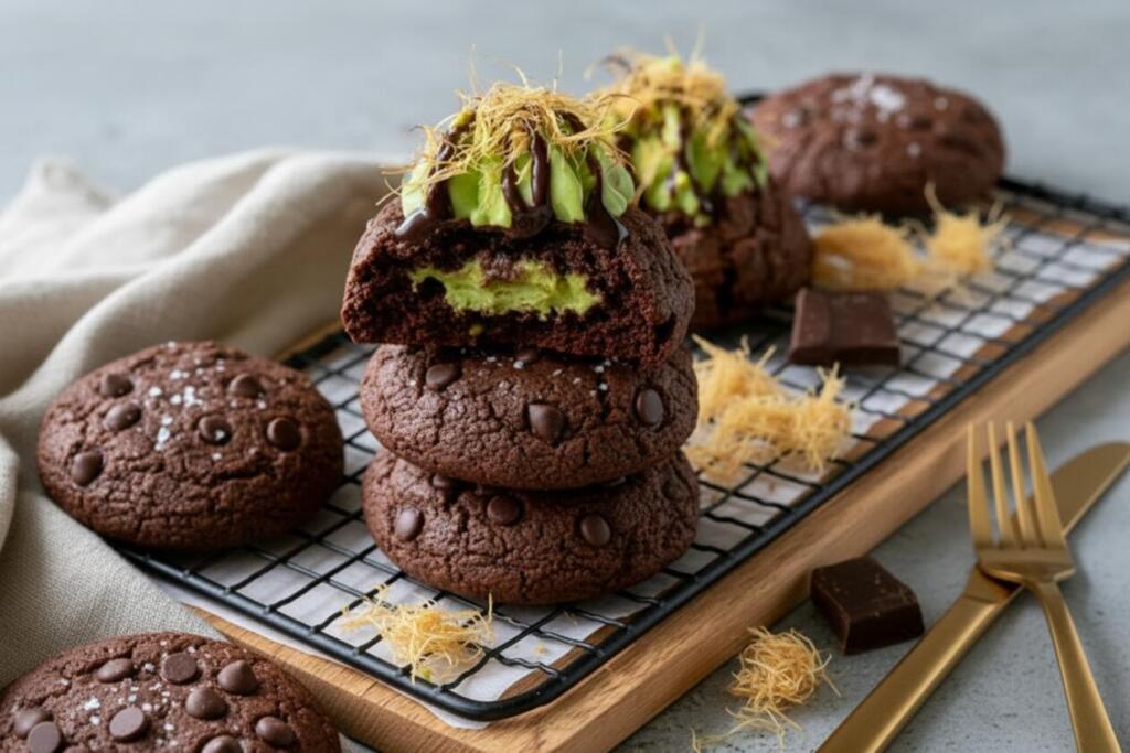 Stack of Dubai chocolate cookies with pistachio cream center, kataifi topping and dark chocolate drizzle
