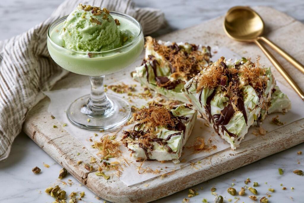 Frozen Dubai chocolate protein desserts, pistachio gelato and kataifi bark