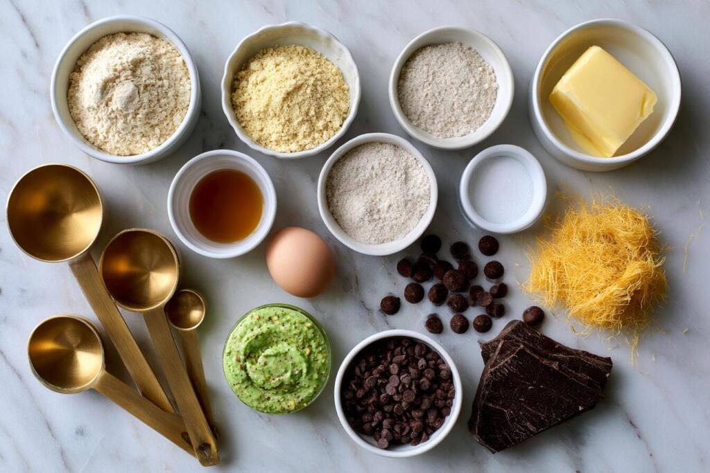Ingredients for Dubai chocolate cookies laid out in small bowls — overhead flat lay