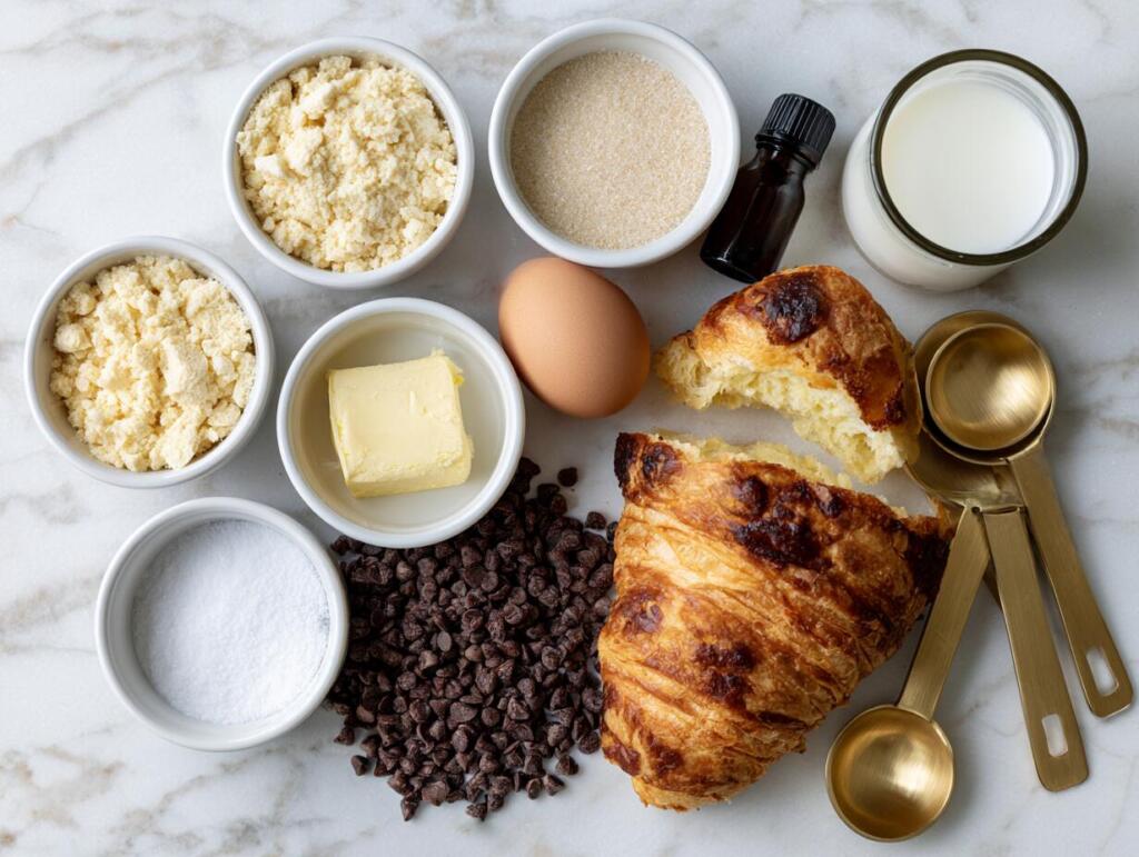 Ingredients for cookie dough stuffed crookie laid out in small bowls — overhead flat lay