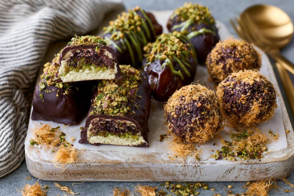 No-bake Dubai chocolate protein desserts, bars stuffed dates and bites