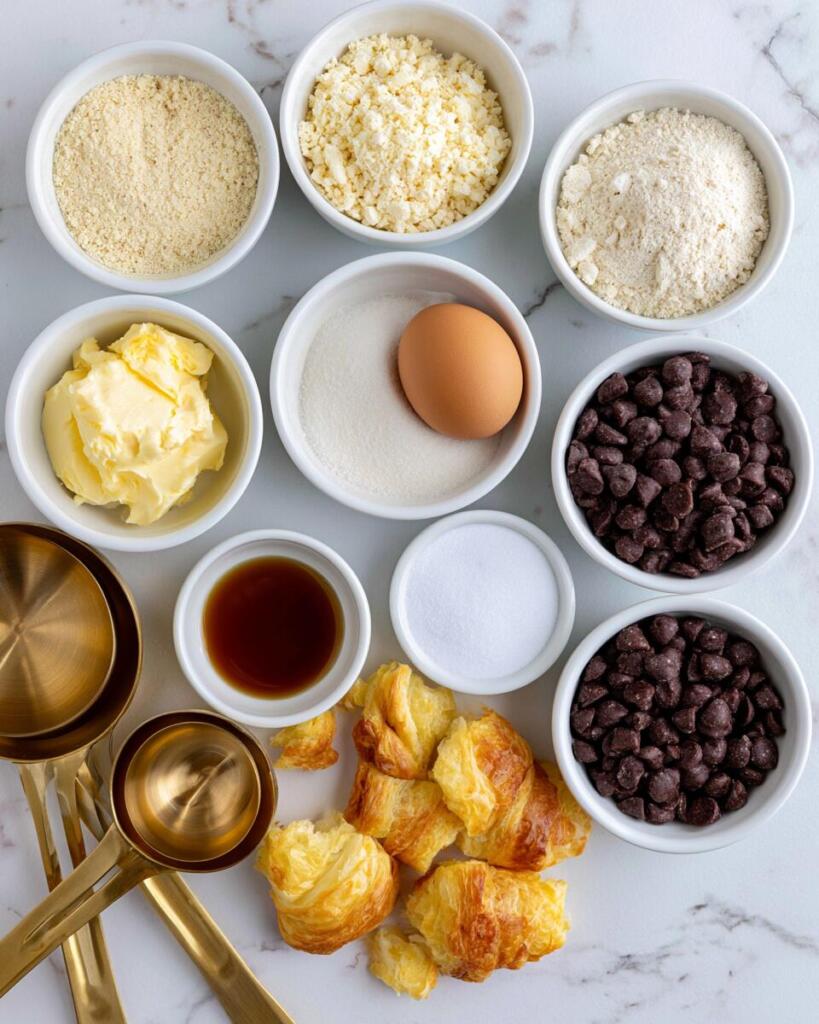 Ingredients for protein crookies laid out in small bowls — overhead flat lay