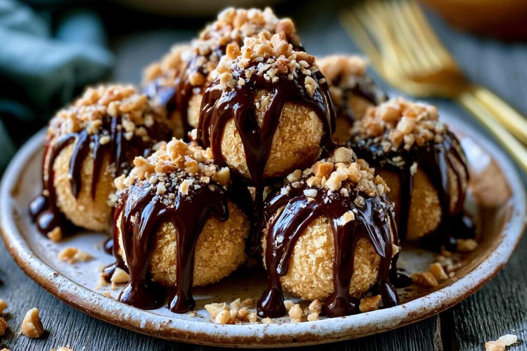 Finished peanut butter protein balls drizzled with dark chocolate before serving