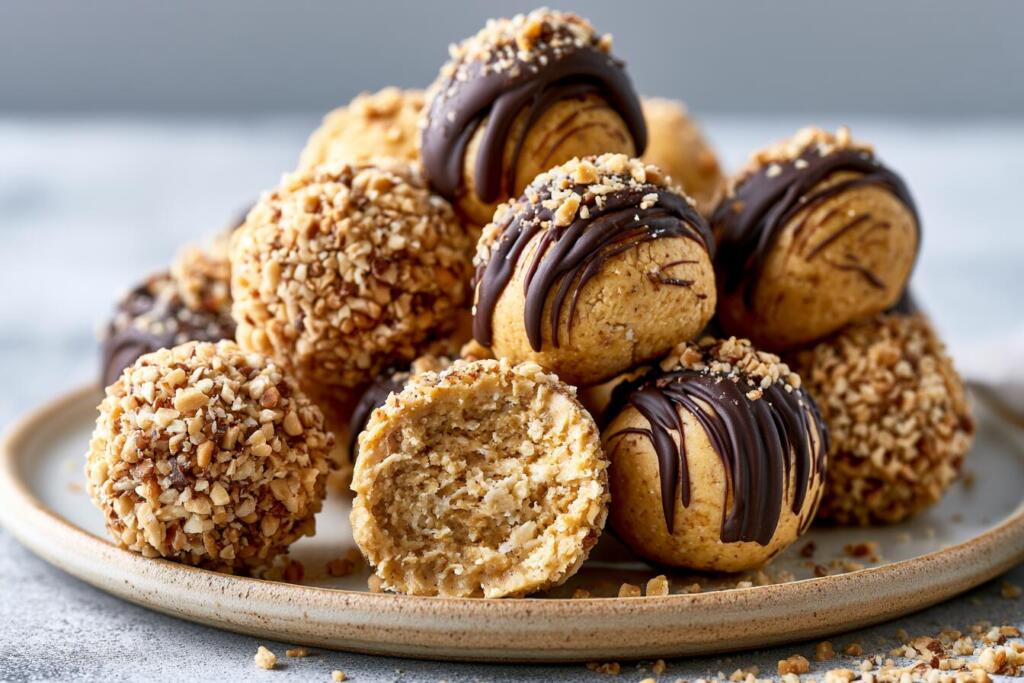 Peanut butter protein balls on a ceramic plate with chocolate drizzle and crushed peanuts
