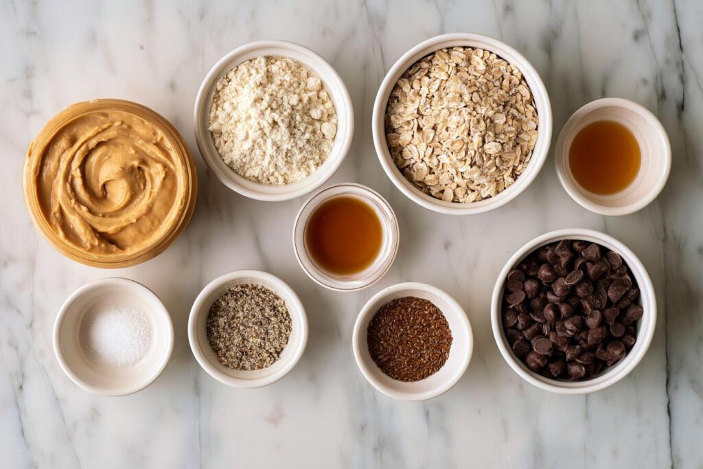  Ingredients for peanut butter protein balls, peanut butter, oats, whey protein and chocolate chips