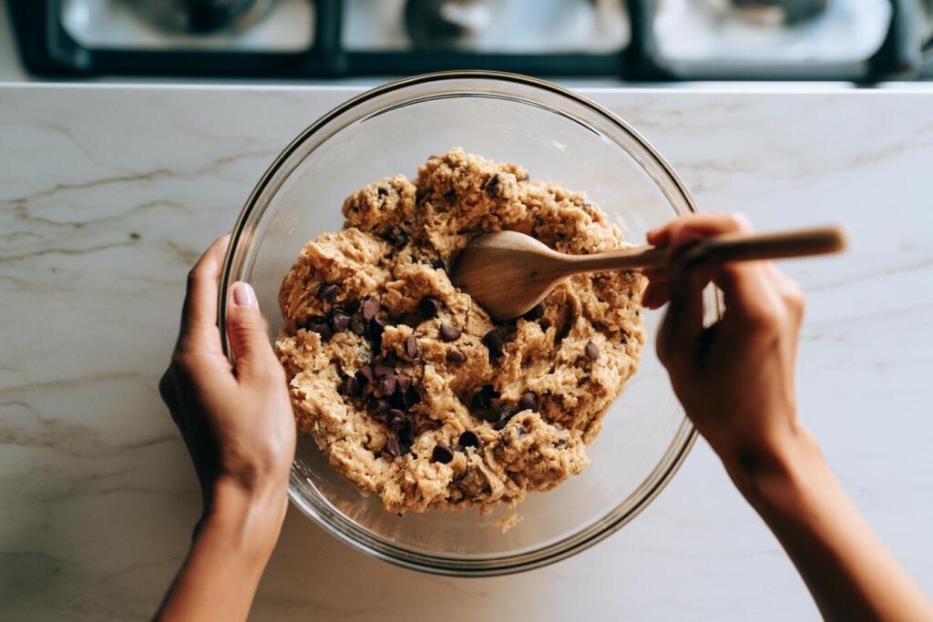 Mixing peanut butter protein ball dough with oats and chocolate chips in a glass bowl