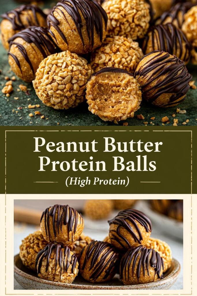 High protein peanut butter protein balls, no-bake energy bites with chocolate drizzle and crushed peanuts