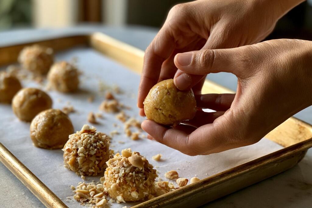 Rolling peanut butter protein balls by hand on a parchment tray