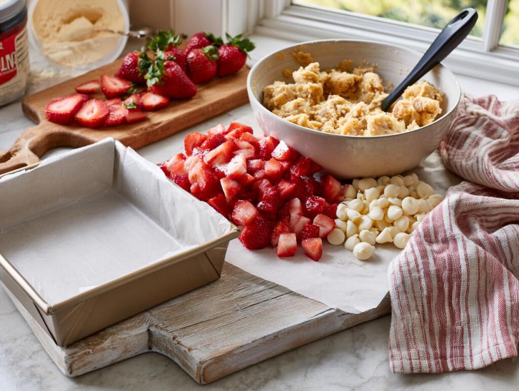 Preparing strawberry protein cookie bars dough with diced strawberries and white chocolate