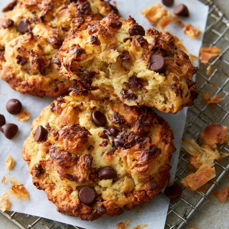 Protein crookies with flaky golden croissant pieces and dark chocolate chips on a cooling rack