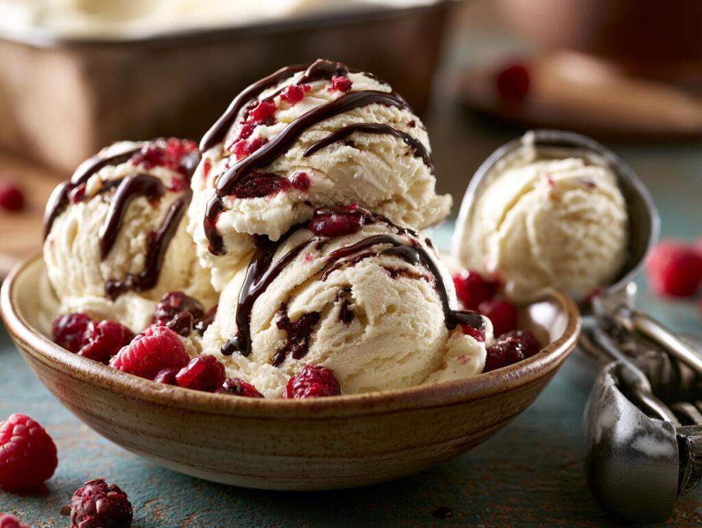 Creamy scoops of high protein protein ice cream in a bowl with chocolate drizzle and berries