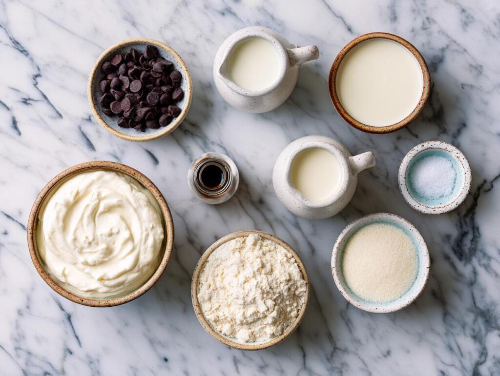Ingredients for protein ice cream, Greek yogurt, milk, cream and protein powder
