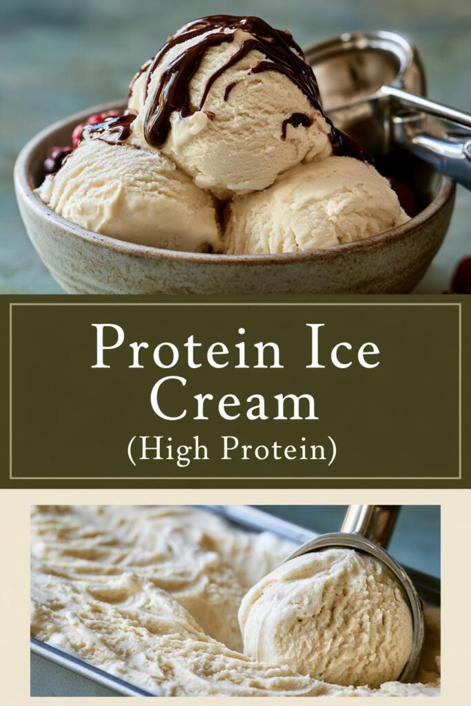 High protein protein ice cream, creamy no-machine scoops in a bowl with chocolate drizzle