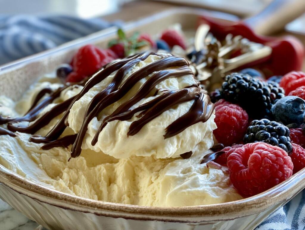 Scooping creamy high protein protein ice cream from a loaf tin into a bowl