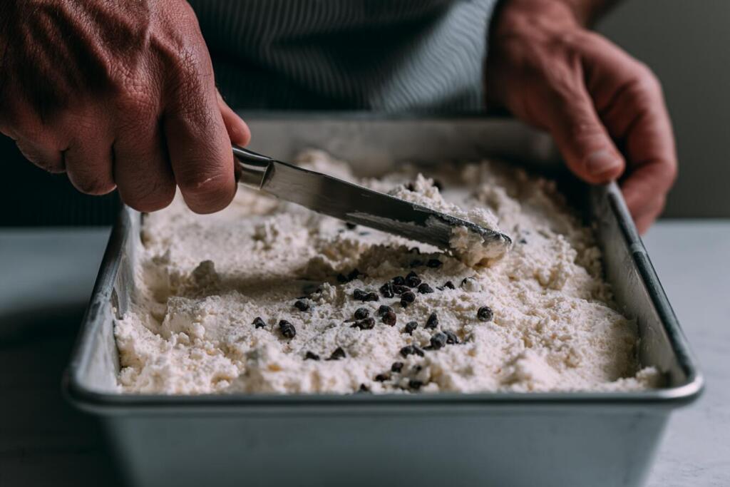 Spreading smooth cottage cheese ice cream base into a loaf tin before freezing