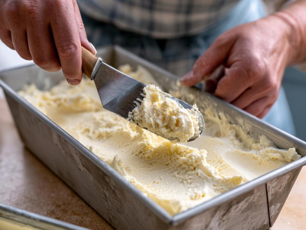 Spreading smooth protein ice cream base into a loaf tin before freezing