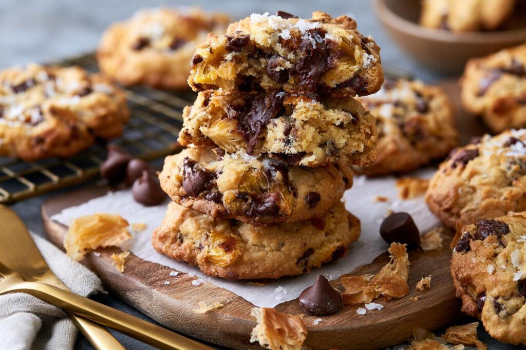 Stack of protein crookies with flaky croissant pieces and chocolate chips on a cooling rack