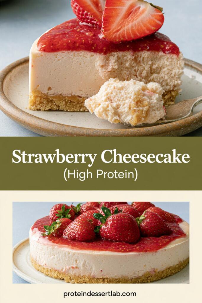 High protein strawberry cheesecake, no-bake creamy cheesecake with fresh strawberry topping