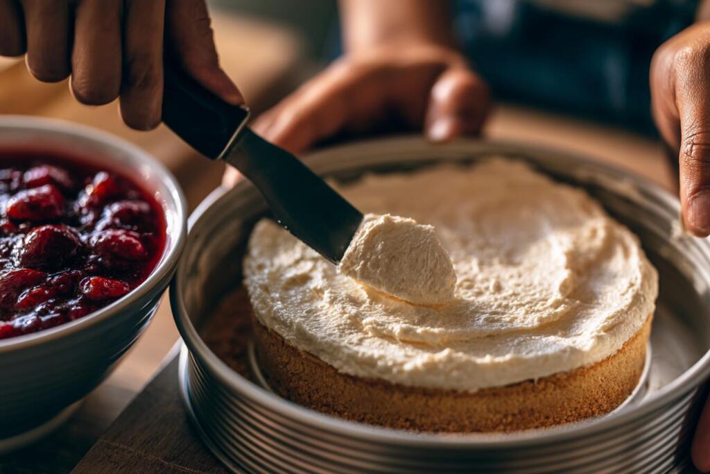 Spreading creamy filling over the crumb base for high protein strawberry cheesecake