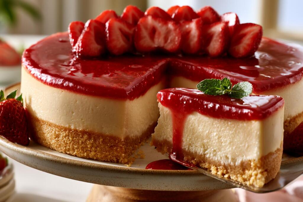 Topping the finished high protein strawberry cheesecake with strawberry sauce and fresh berries