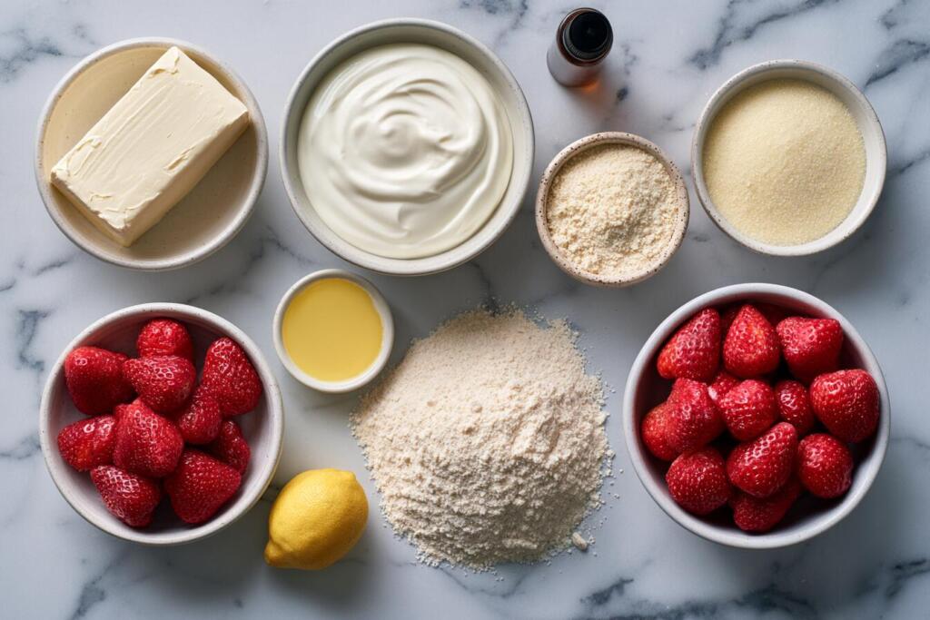 Ingredients for strawberry cheesecake, cream cheese, Greek yogurt, whey protein and fresh strawberries