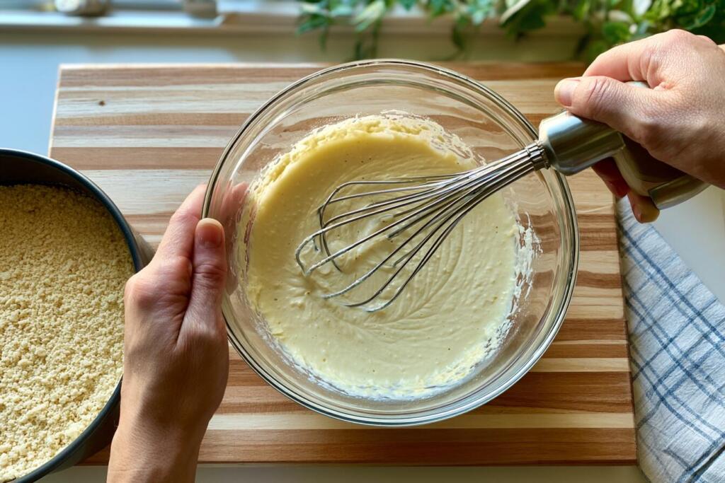 Mixing creamy cheesecake filling for high protein strawberry cheesecake in a glass bowl