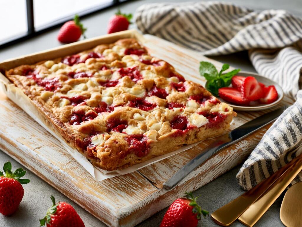 Baked strawberry protein cookie bar slab in pan before slicing into squares