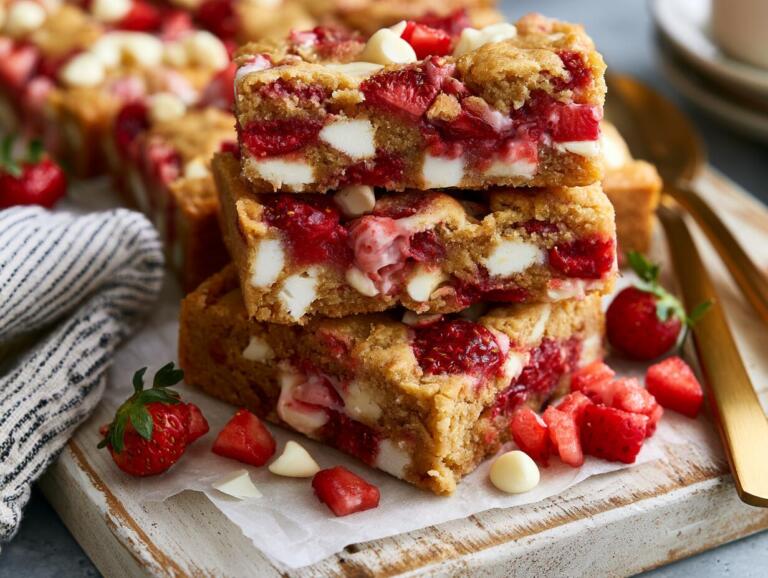 Stacked strawberry protein cookie bars showing chewy golden texture with strawberry chunks and white chocolate