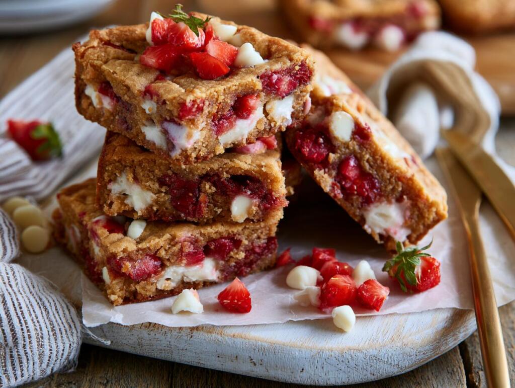 Stacked strawberry protein cookie bars showing chewy golden texture with strawberry chunks and white chocolate