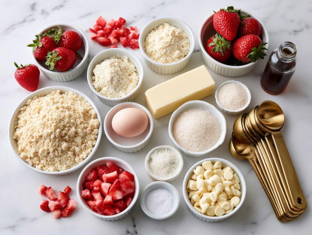 Ingredients for strawberry protein cookie bars laid out in small bowls, overhead flat lay