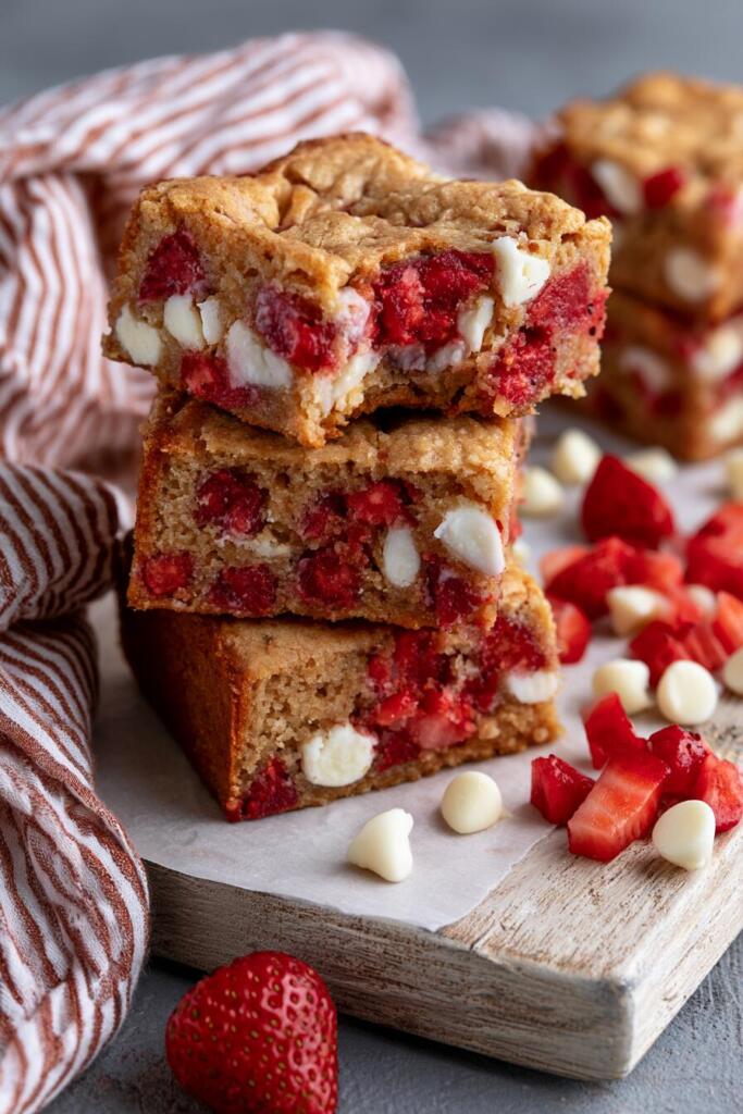 VIRAL strawberry protein cookie bars with fresh strawberry chunks and white chocolate — chewy baked high-protein bars