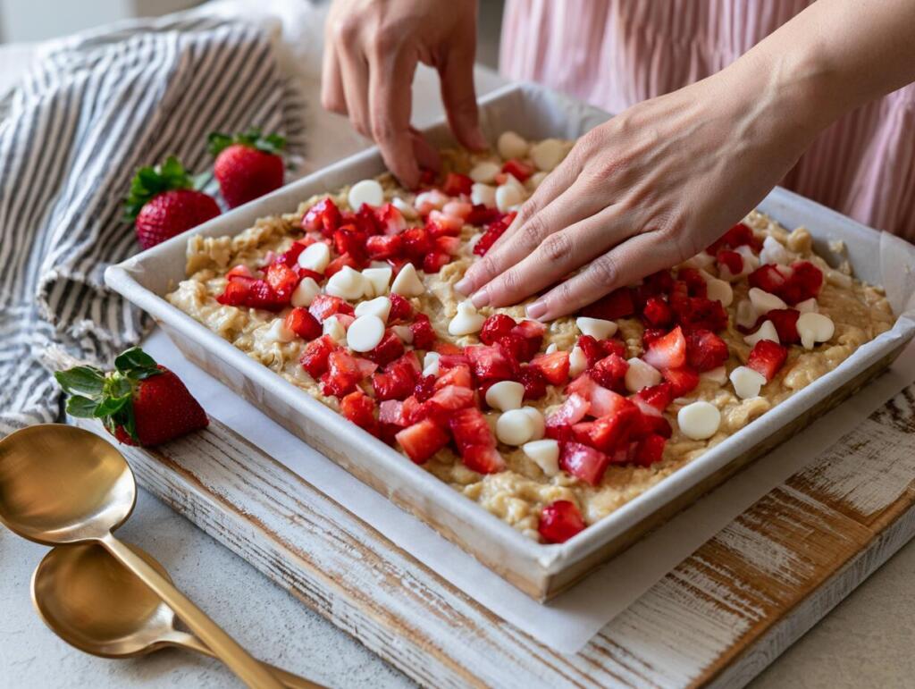 Pressing strawberry protein cookie bar dough with strawberries into a square pan