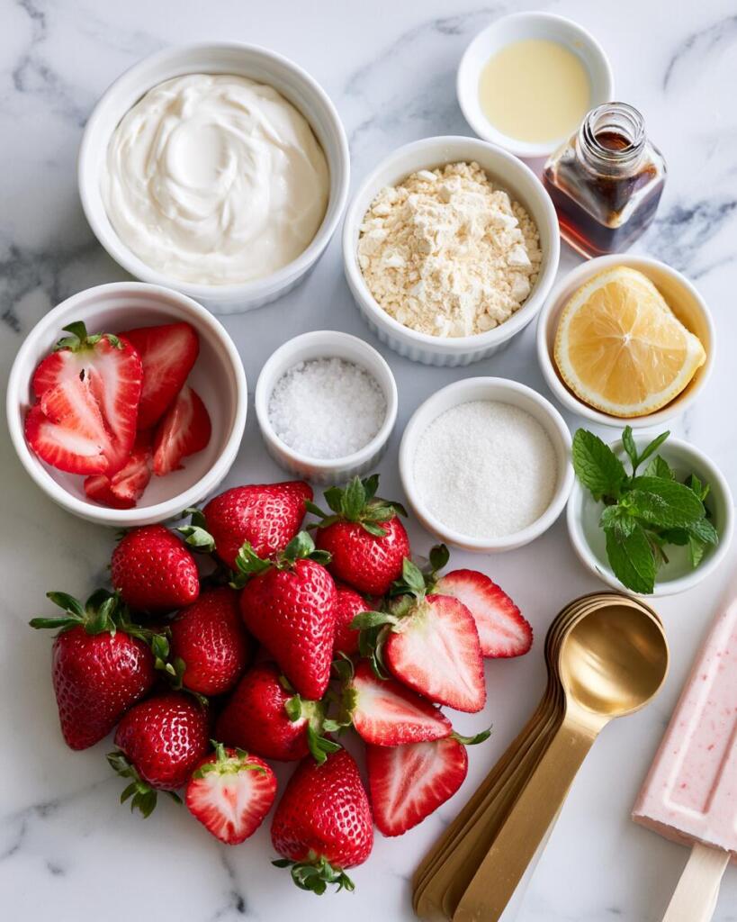 Ingredients for strawberry protein popsicles laid out in small bowls — overhead flat lay