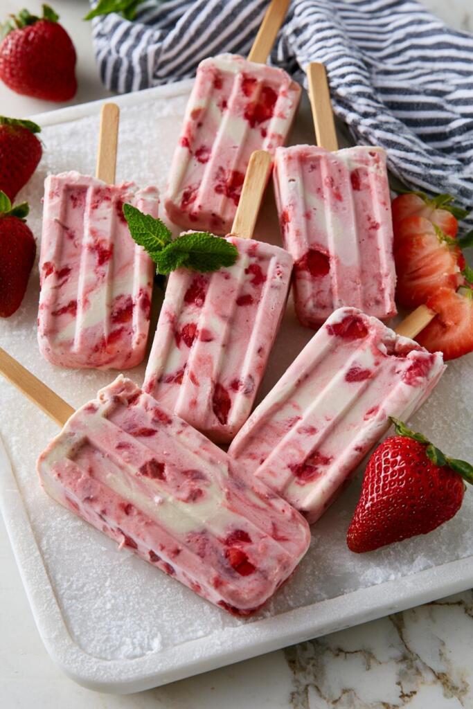 VIRAL strawberry protein popsicles with fresh strawberry chunks — high-protein sugar-free summer dessert