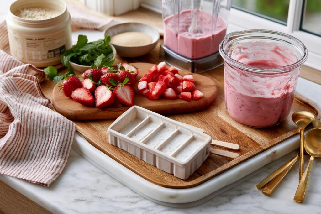 Preparing strawberry protein popsicles popsicle mold, blender and fresh strawberries