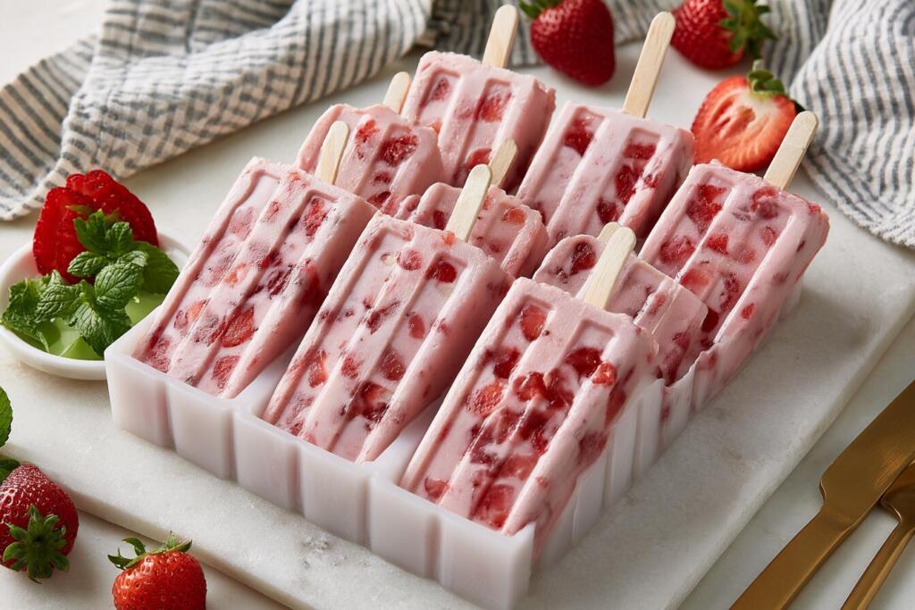 Filled popsicle mold with strawberry protein mixture and sticks before freezing