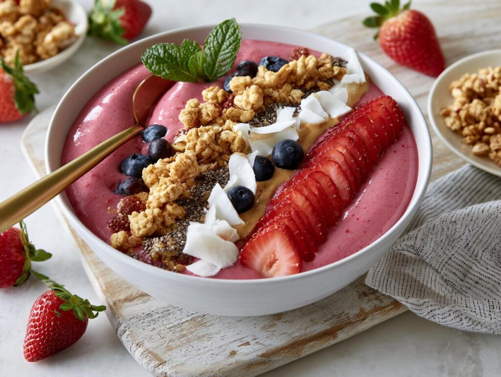 Strawberry protein smoothie bowl topped with granola, sliced strawberries, coconut and chia seeds