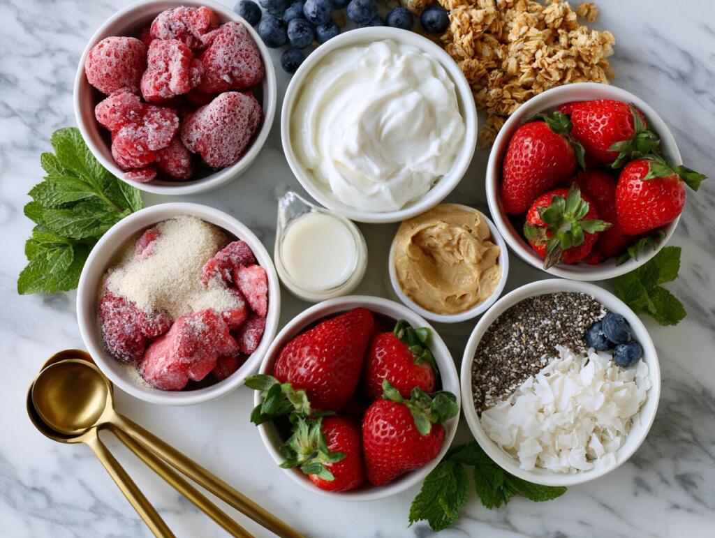Ingredients for strawberry protein smoothie bowl laid out in small bowls, overhead flat lay