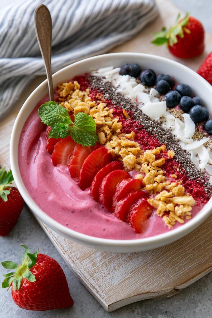 VIRAL strawberry protein smoothie bowl with granola and fresh fruit toppings — high-protein breakfast bowl
