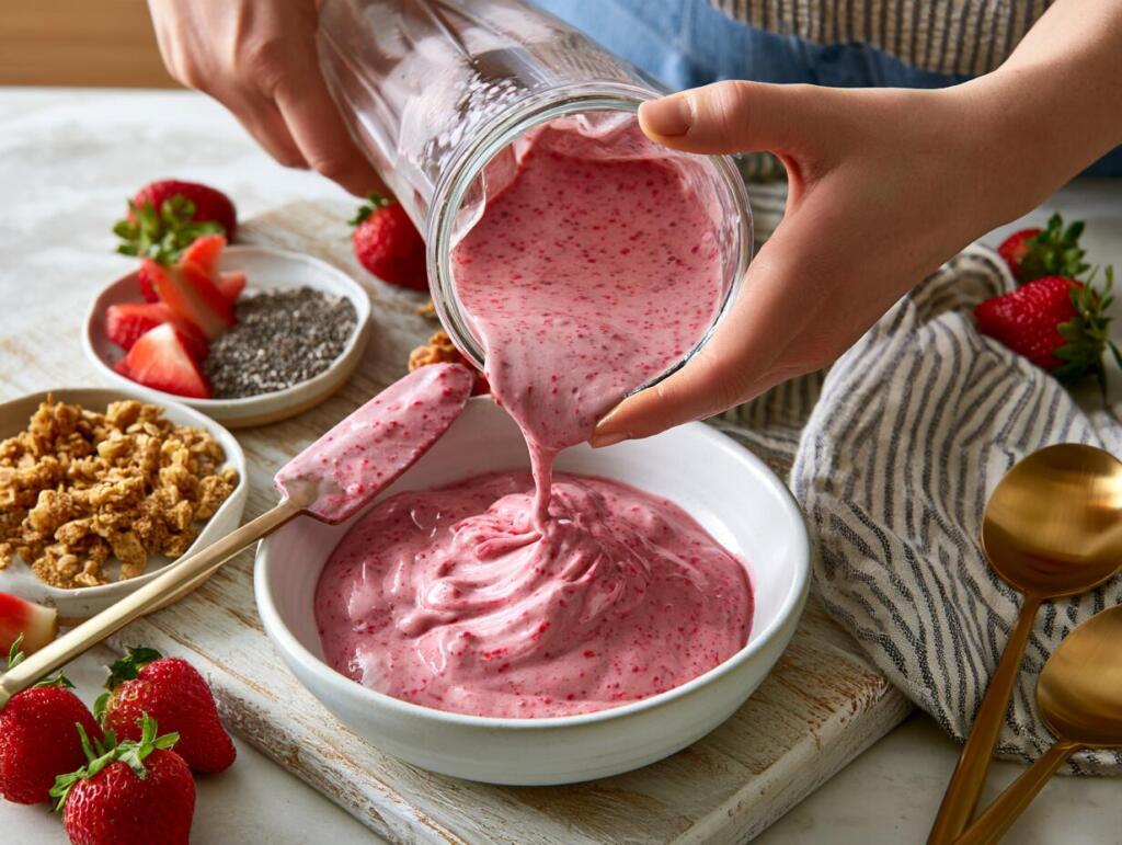 Pouring thick strawberry protein smoothie base into a white ceramic bowl