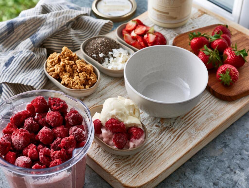 Preparing strawberry protein smoothie bowl with blender, frozen strawberries and toppings ready