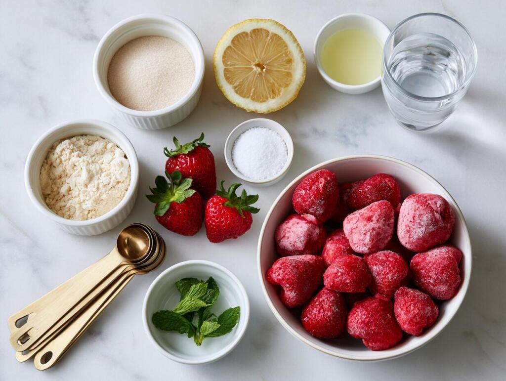 Ingredients for strawberry protein sorbet laid out in small bowls, overhead flat lay