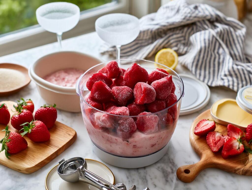 Preparing strawberry protein sorbet with food processor, frozen strawberries and chilled coupes