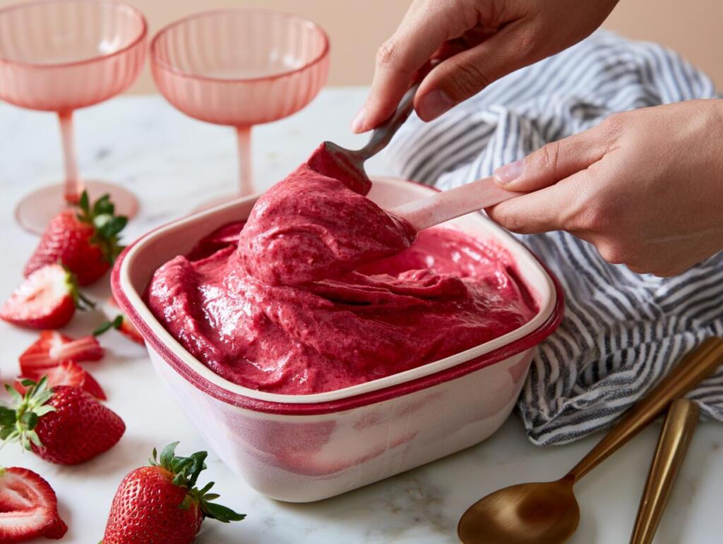 Transferring smooth strawberry protein sorbet from food processor to freezer container