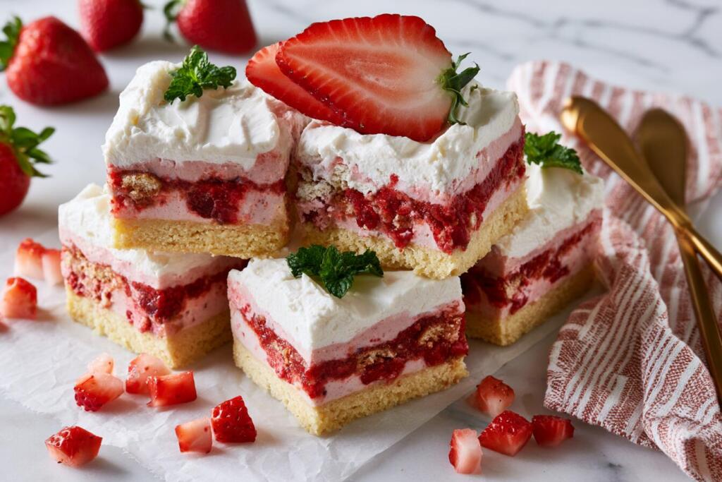 Plated strawberry shortcake protein bars with three layers — shortcake base, strawberry filling, whipped cream