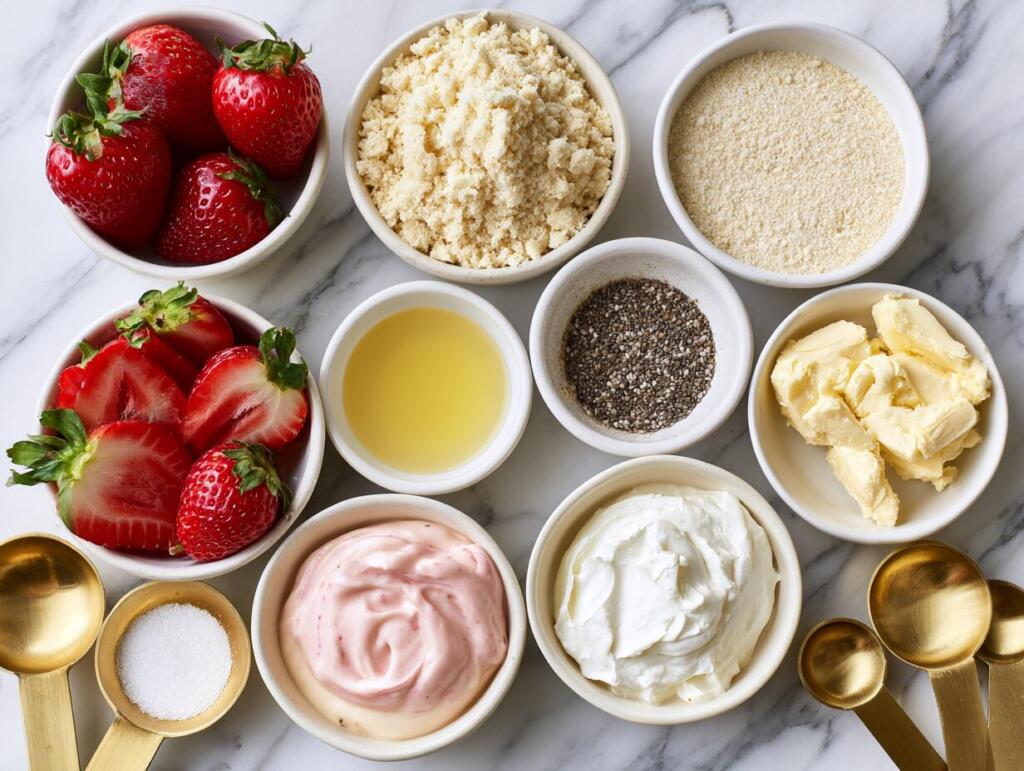 Ingredients for strawberry shortcake protein bars laid out in small bowls — overhead flat lay
