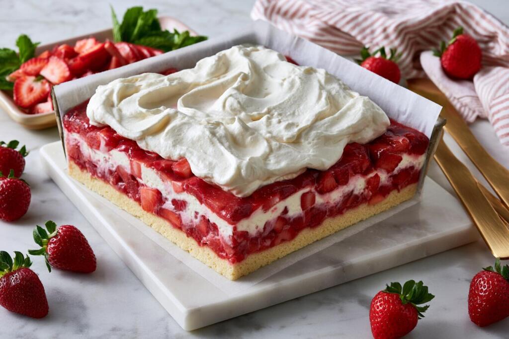 Strawberry shortcake protein bars layered in pan before chilling — three distinct layers visible