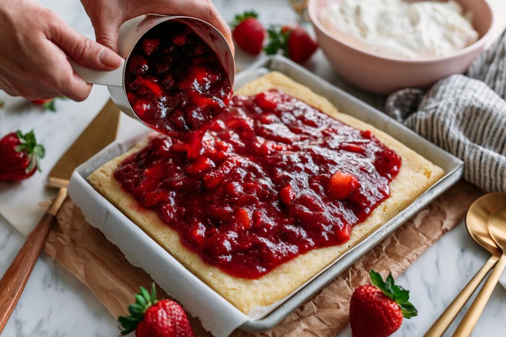 Pouring fresh strawberry filling onto shortcake crumb base for protein bars