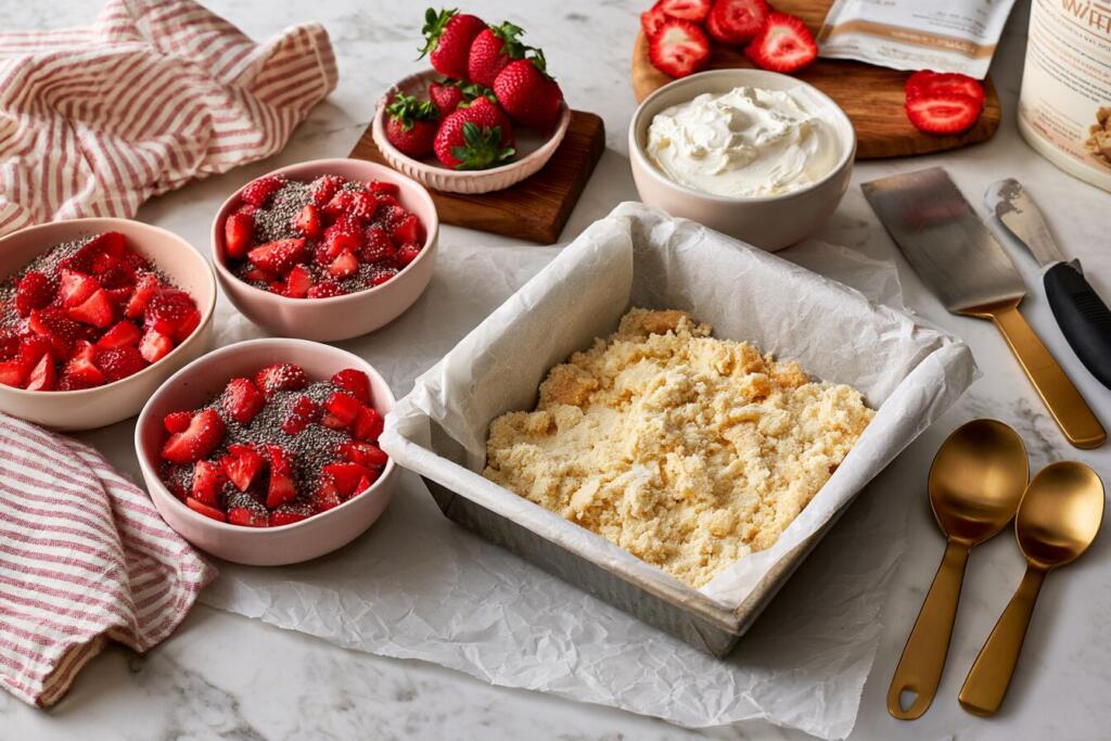 Preparing strawberry shortcake protein bars — three layers prepped